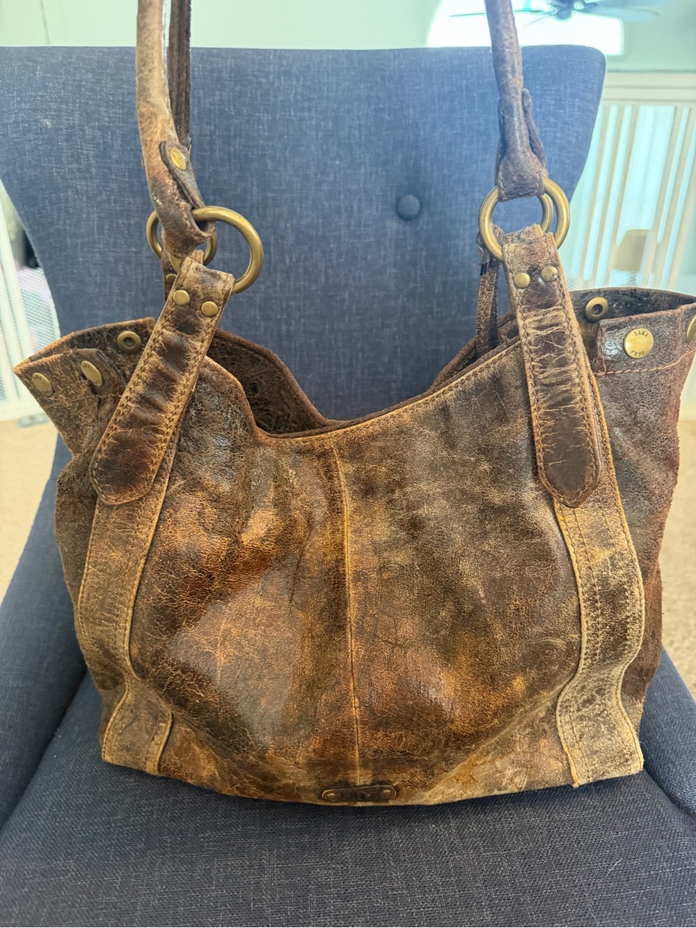 Frye Deborah Studded Distressed Brown Leather Shoulder Bag - Picture 6 of 13